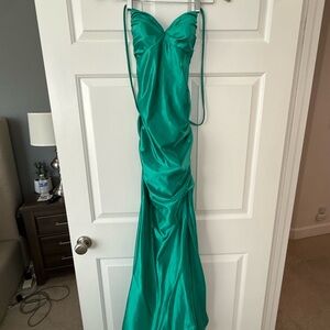 Kiss Prom Green Satin Mermaid Dress Size 0 EUC